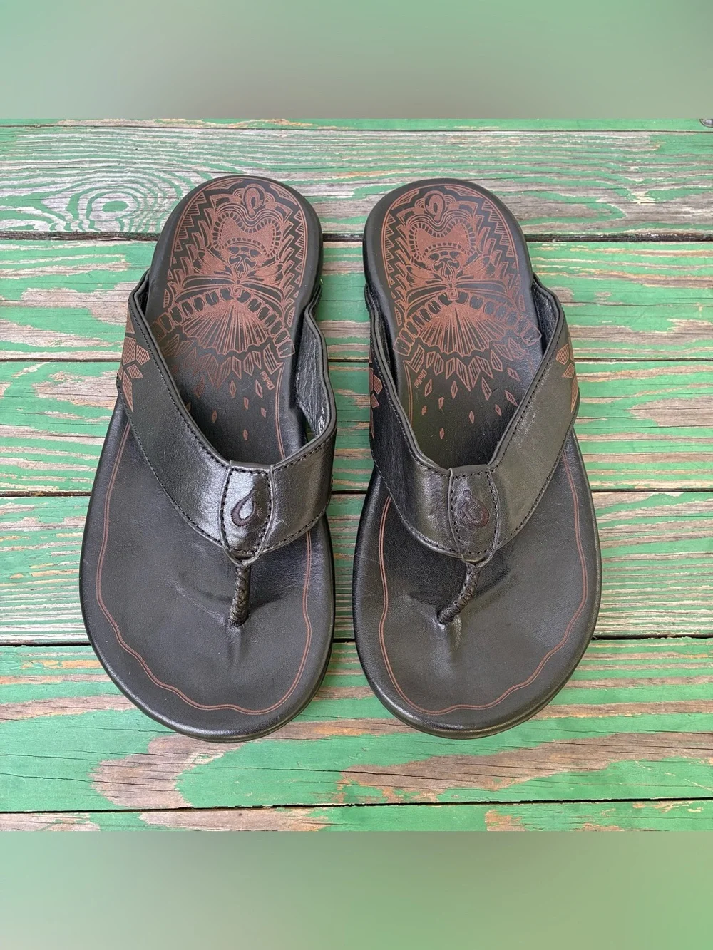 OluKai Kulia Leather Flip Flop Sandals Black Comfort Thong Sandals Mens Sz 9